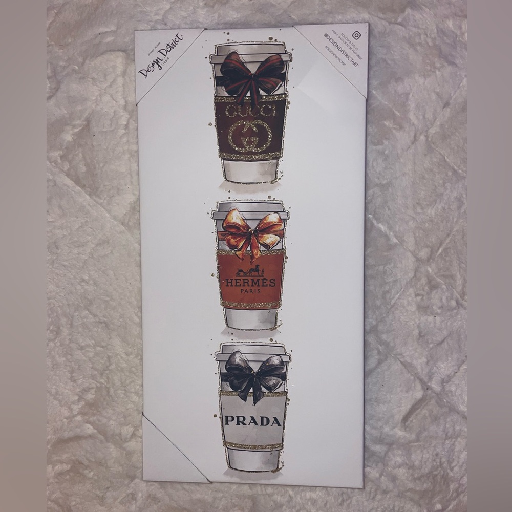 Design District Designer Coffee cups wall art Gucci Hermes Prada canvas